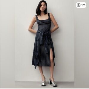 Anthropologie Navy Pinstripe Midi Dress with Side Slit NWT
